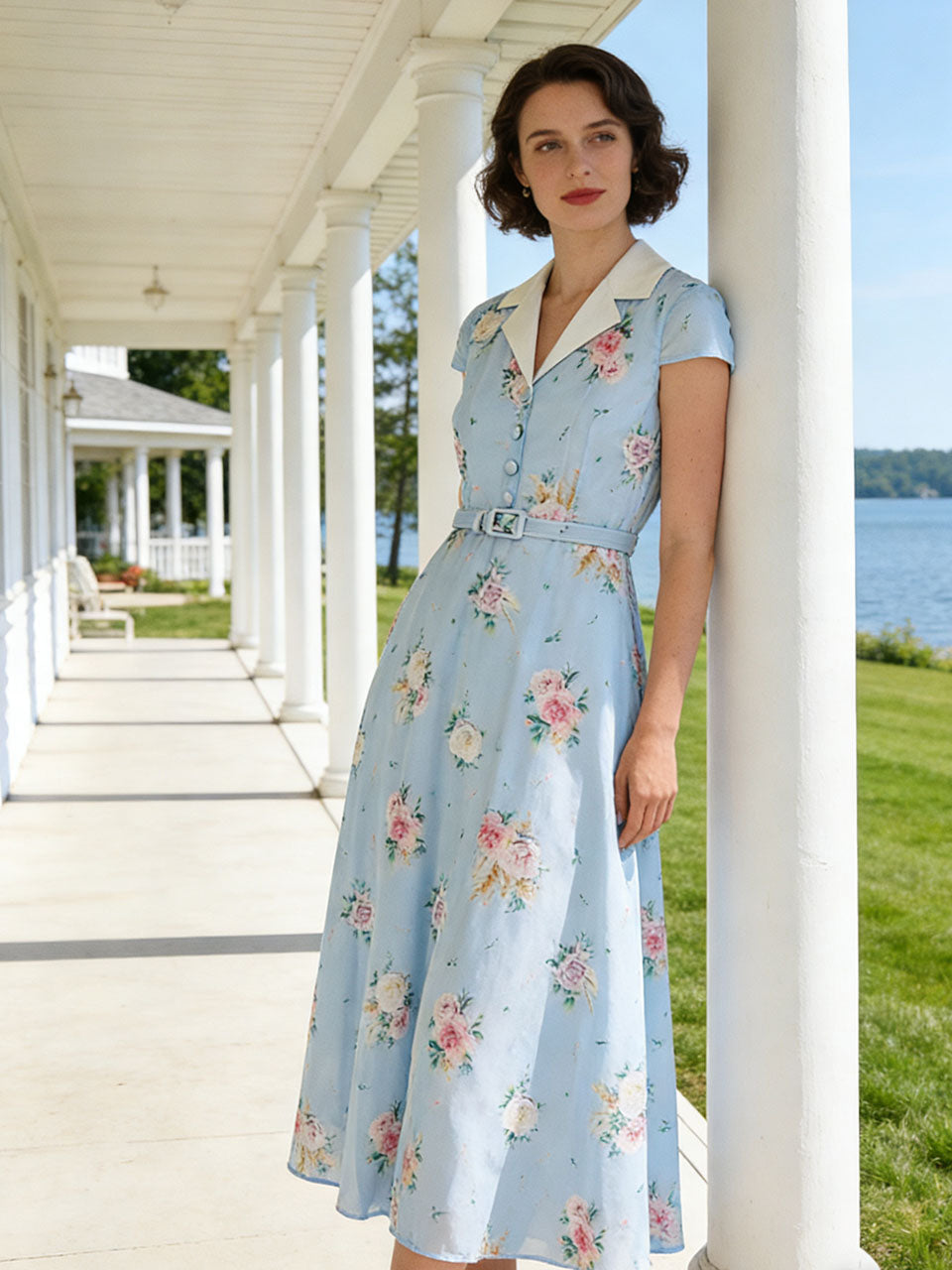 Mrs. Maisel Inspired 1950s Blue Floral Print Swing Dress for Women