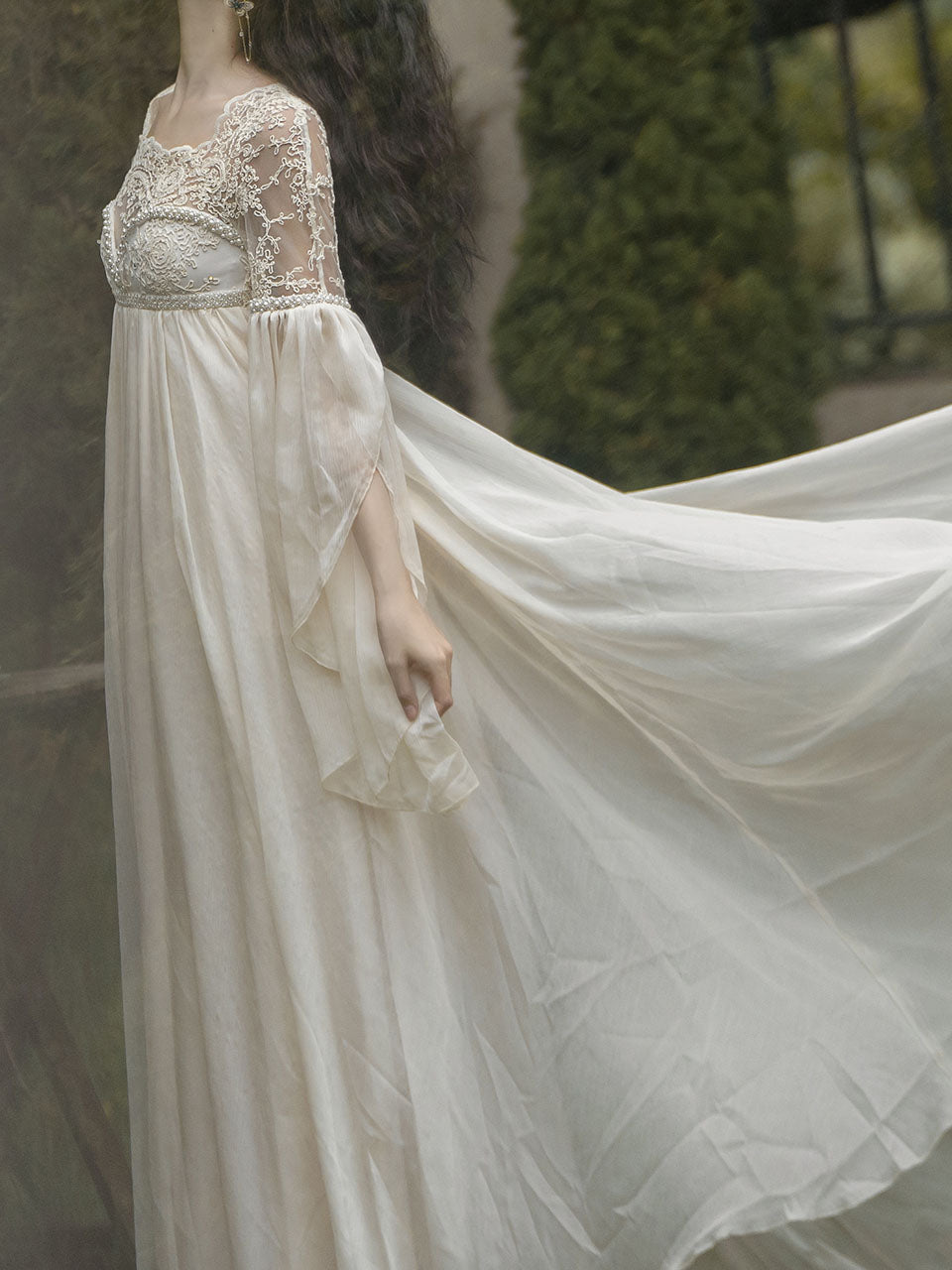 White Lace Lantern Sleeves Romantic Wedding Dress