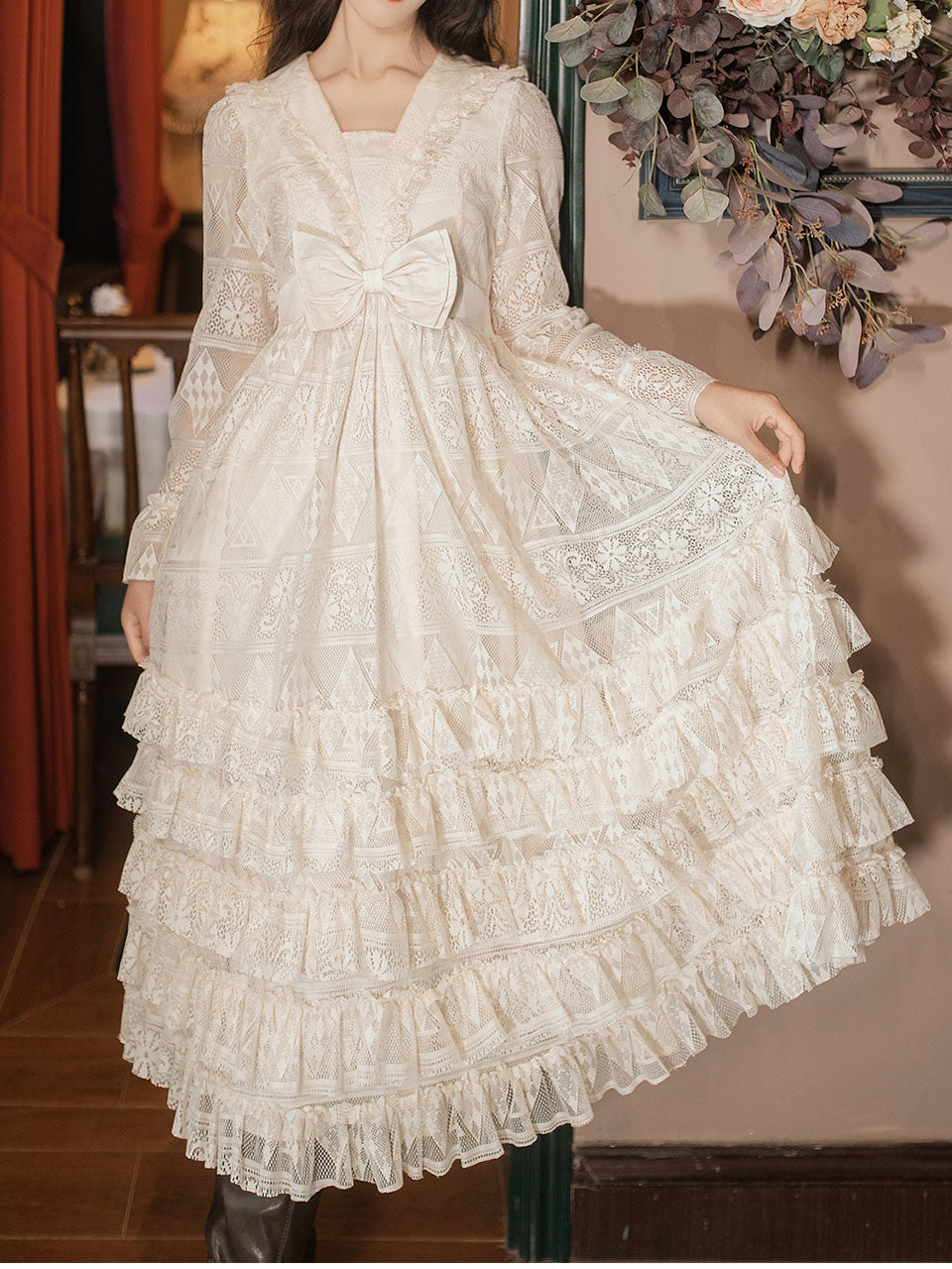 Apricot Square Collar Lace Swing Dress