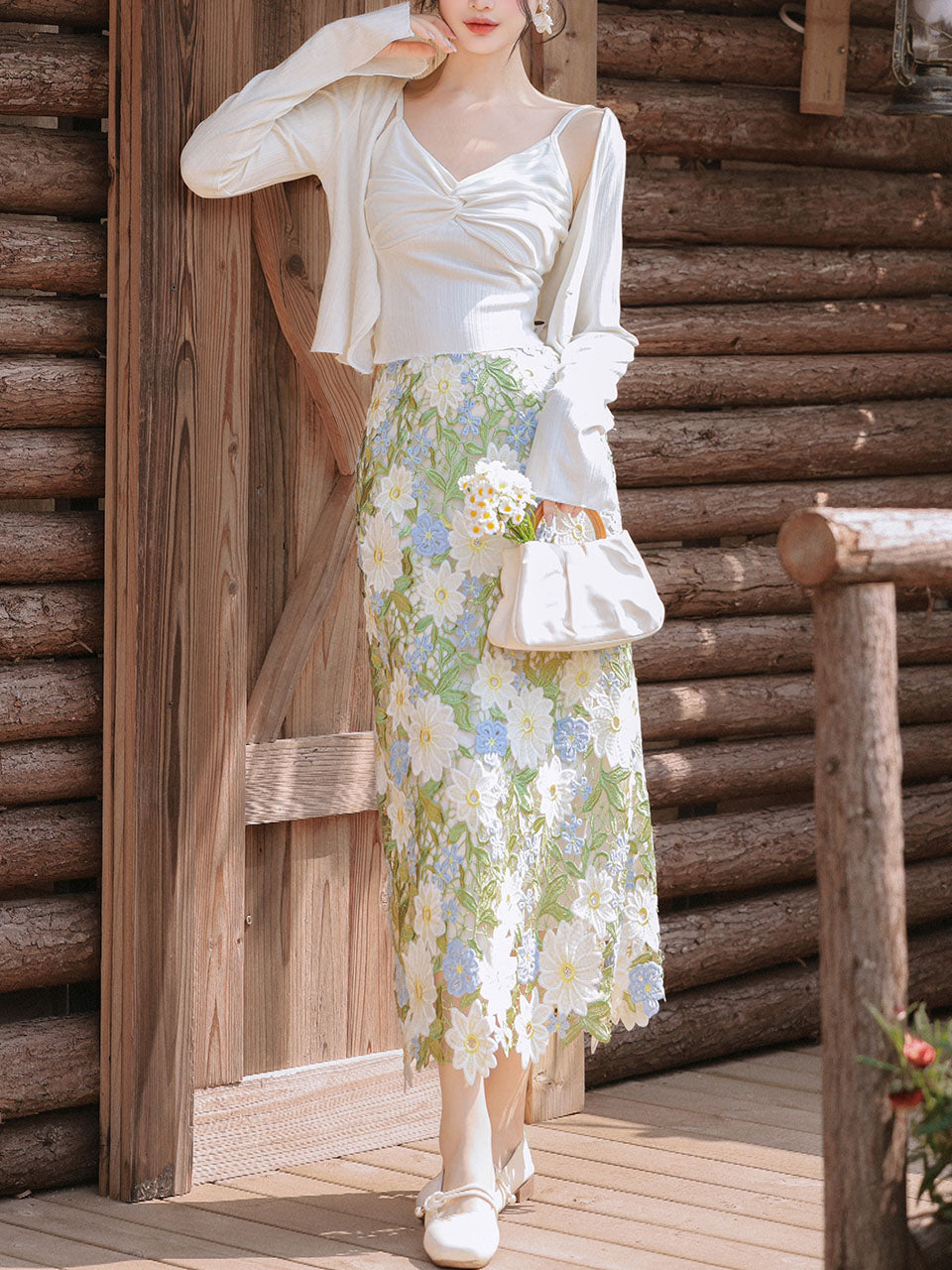 3PS White Spaghetti Strap 1950S Top and Green Lace Skirt Set
