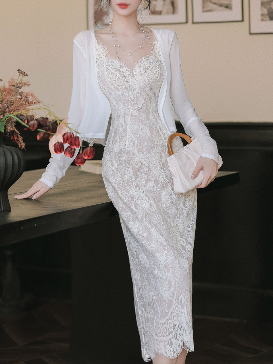 2PS White Lace Spaghetti Strap 1950S Vintage Dress