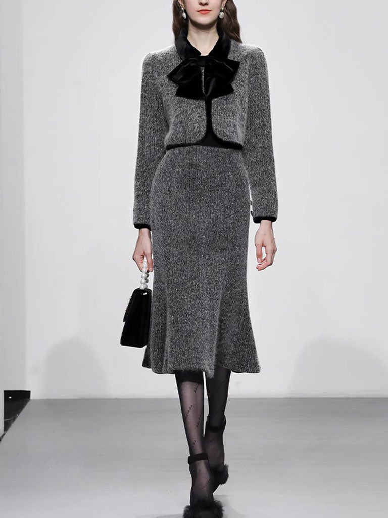 2PS Grey Bow Tweed Fabric Top And Fishtail Skirt Suit