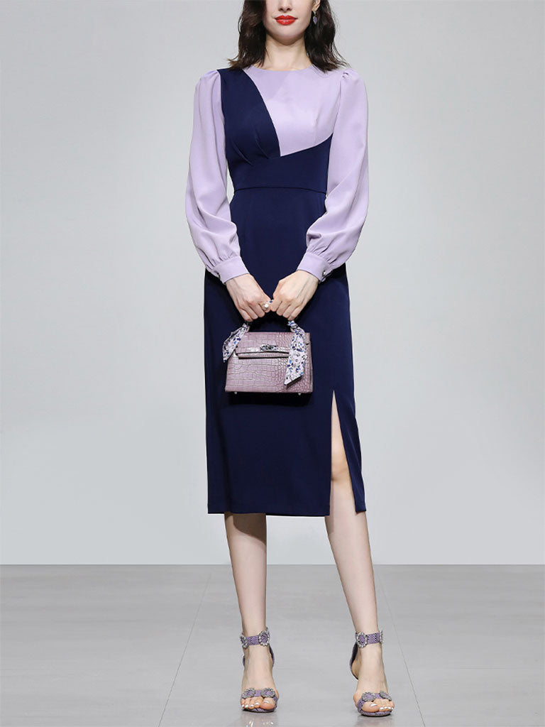 Lilac And Navy Lantern Sleeve Slit Dress Vintage 1940S Dress