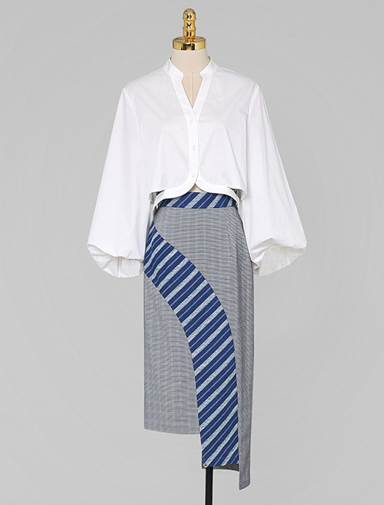 2PS White 1950S Vintage V Neck Classic Top And Blue Irregular Skirt Suit
