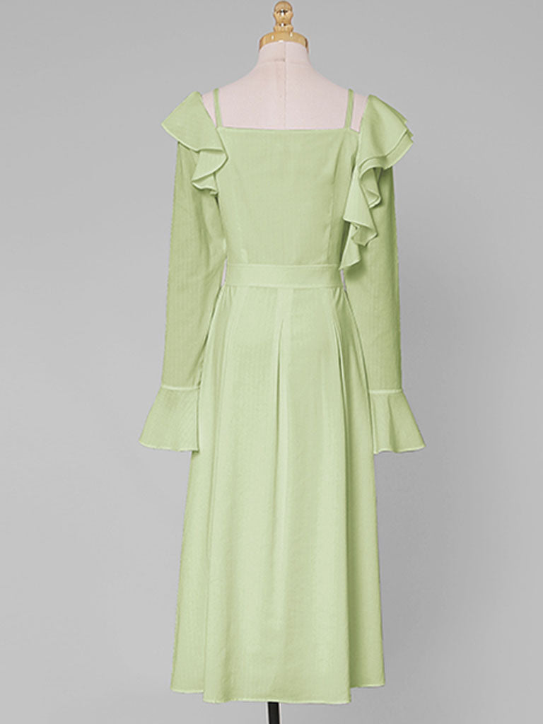 Apple Green Square Neck Ruffle 1950S Vintage Dress