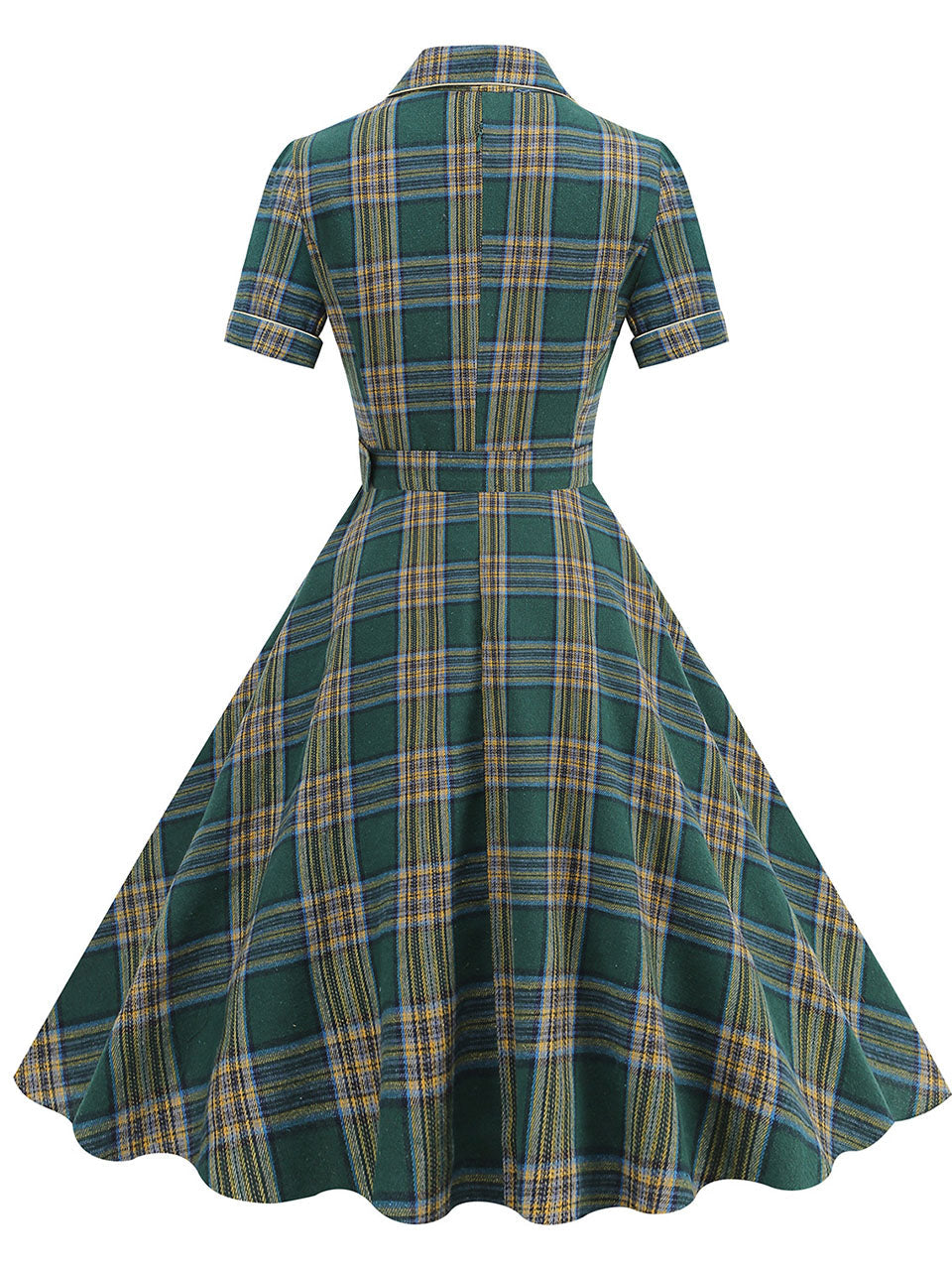 Green Plaid Turn Down Collar Short Sleeves 1950S VintageShirt Dress