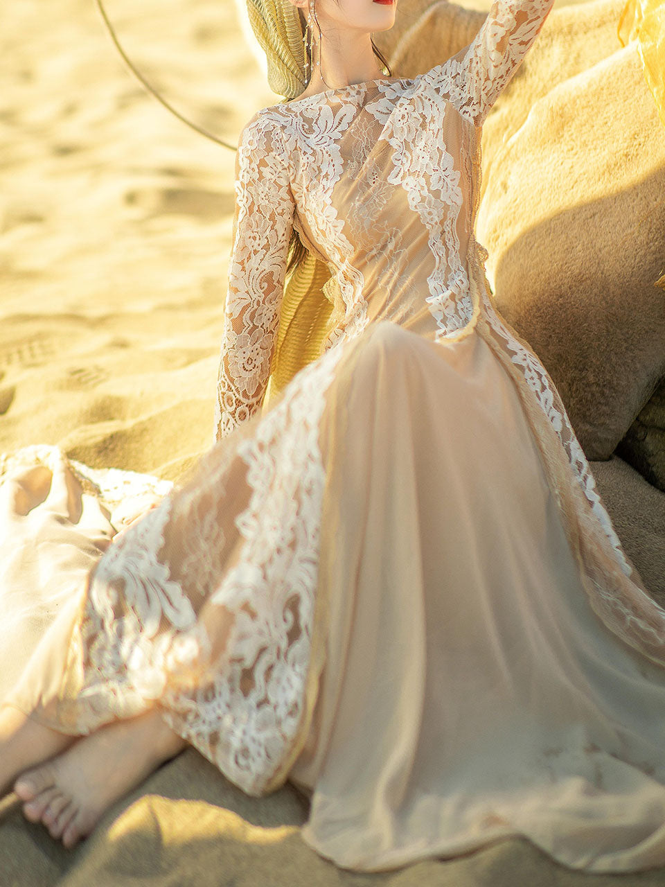 Apricot Boat Neck Lace Swing Dress