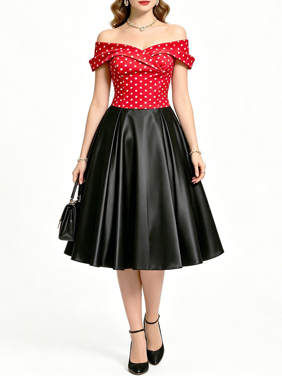 1950s Vintage Off Shoulder Polka Dot Swing Dress | Black and White Midi