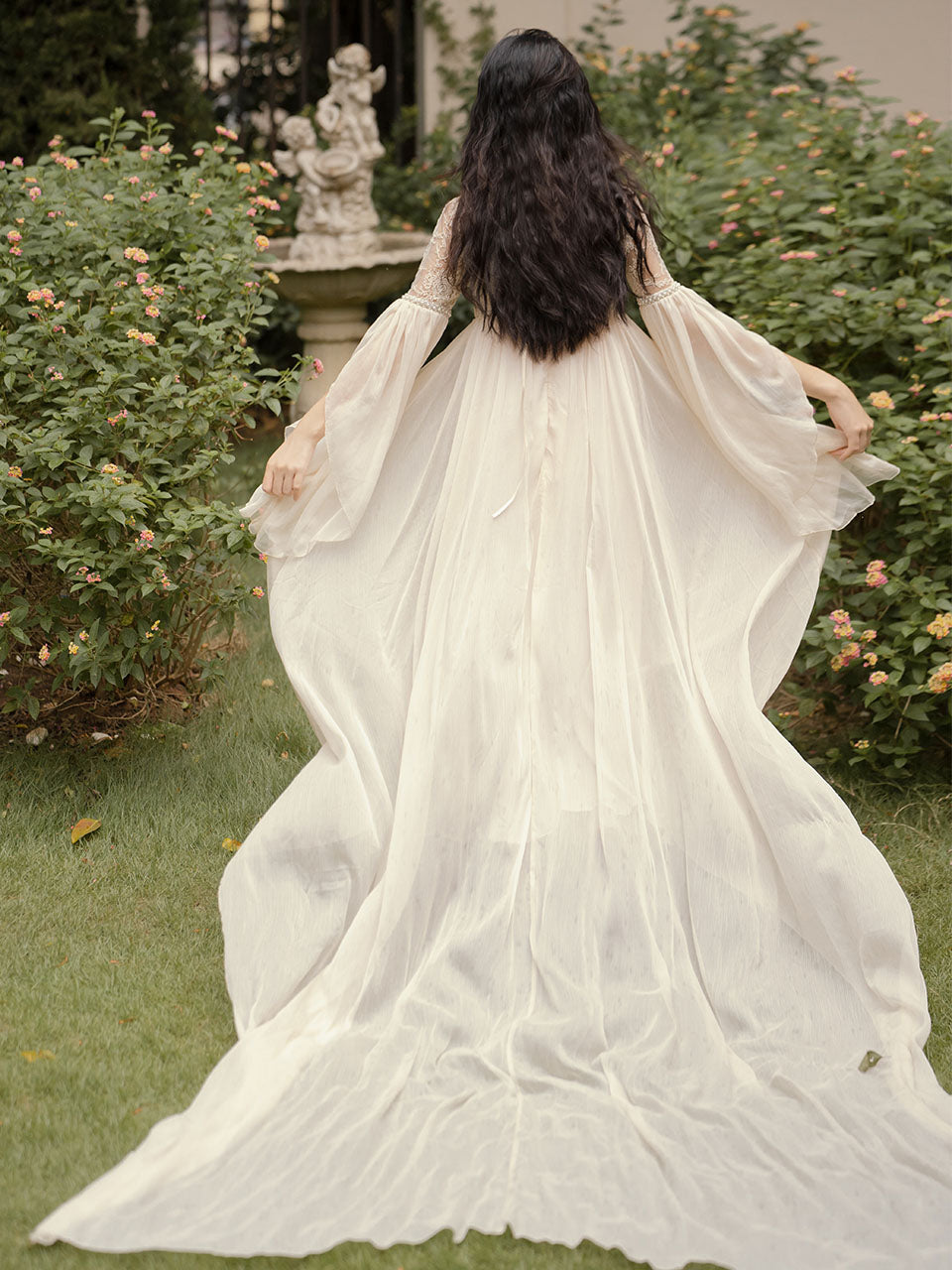 White Lace Lantern Sleeves Romantic Wedding Dress