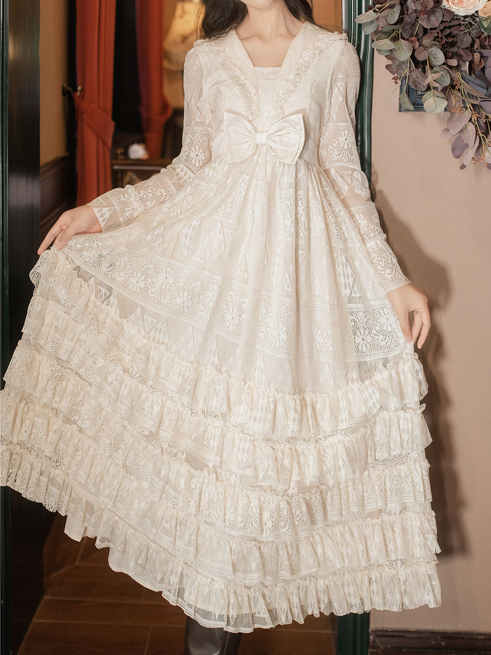 Apricot Square Collar Lace Swing Dress