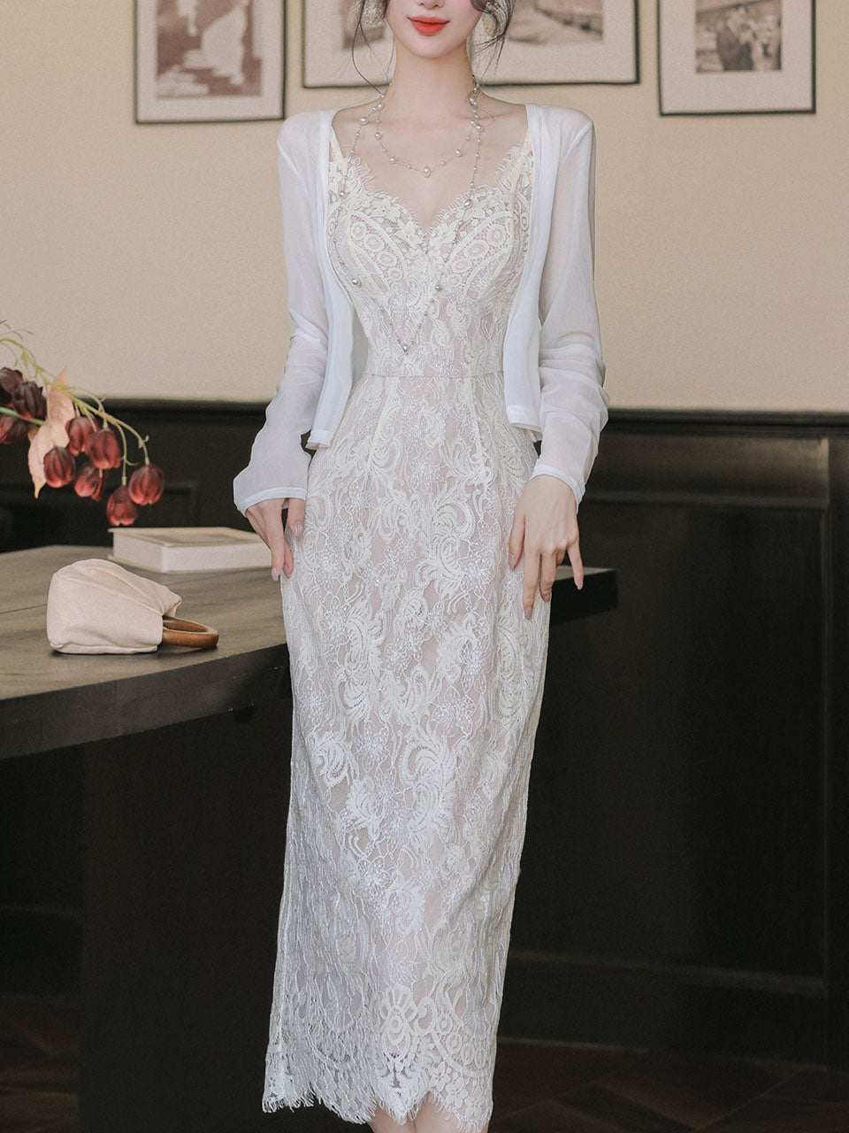 2PS White Lace Spaghetti Strap 1950S Vintage Dress