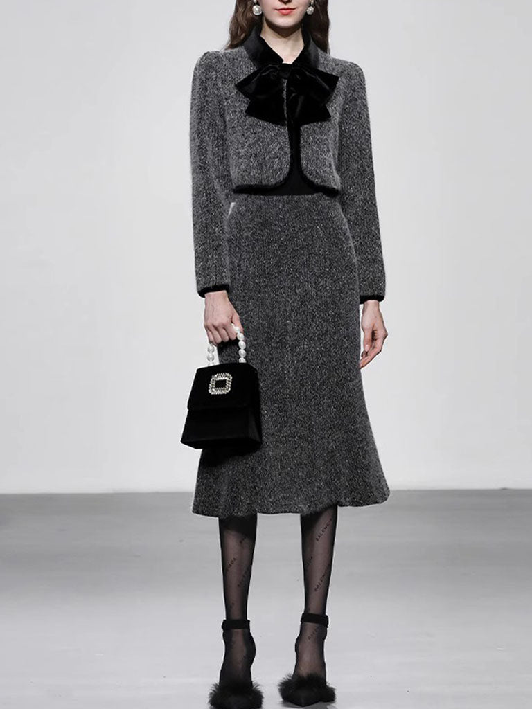 2PS Grey Bow Tweed Fabric Top And Fishtail Skirt Suit