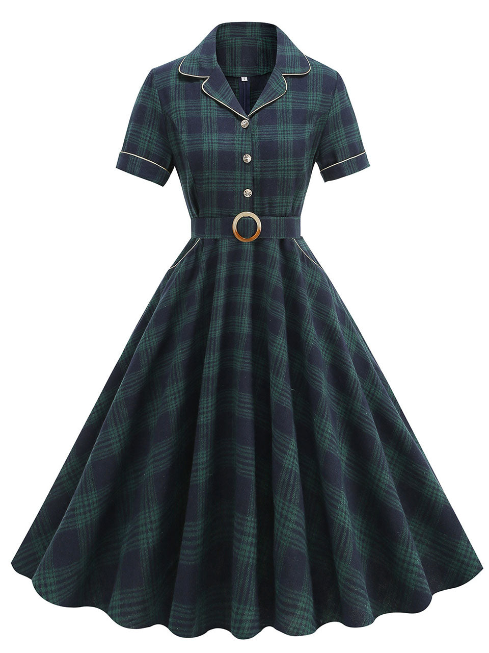 Green Plaid Turn Down Collar Short Sleeves 1950S VintageShirt Dress