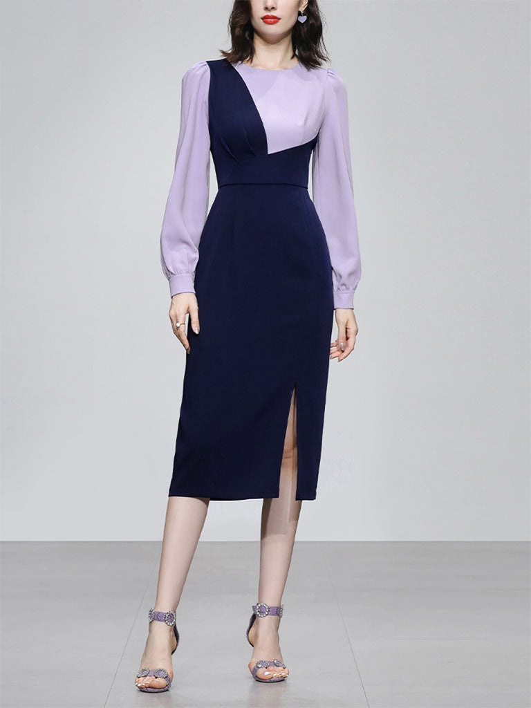 Lilac And Navy Lantern Sleeve Slit Dress Vintage 1940S Dress