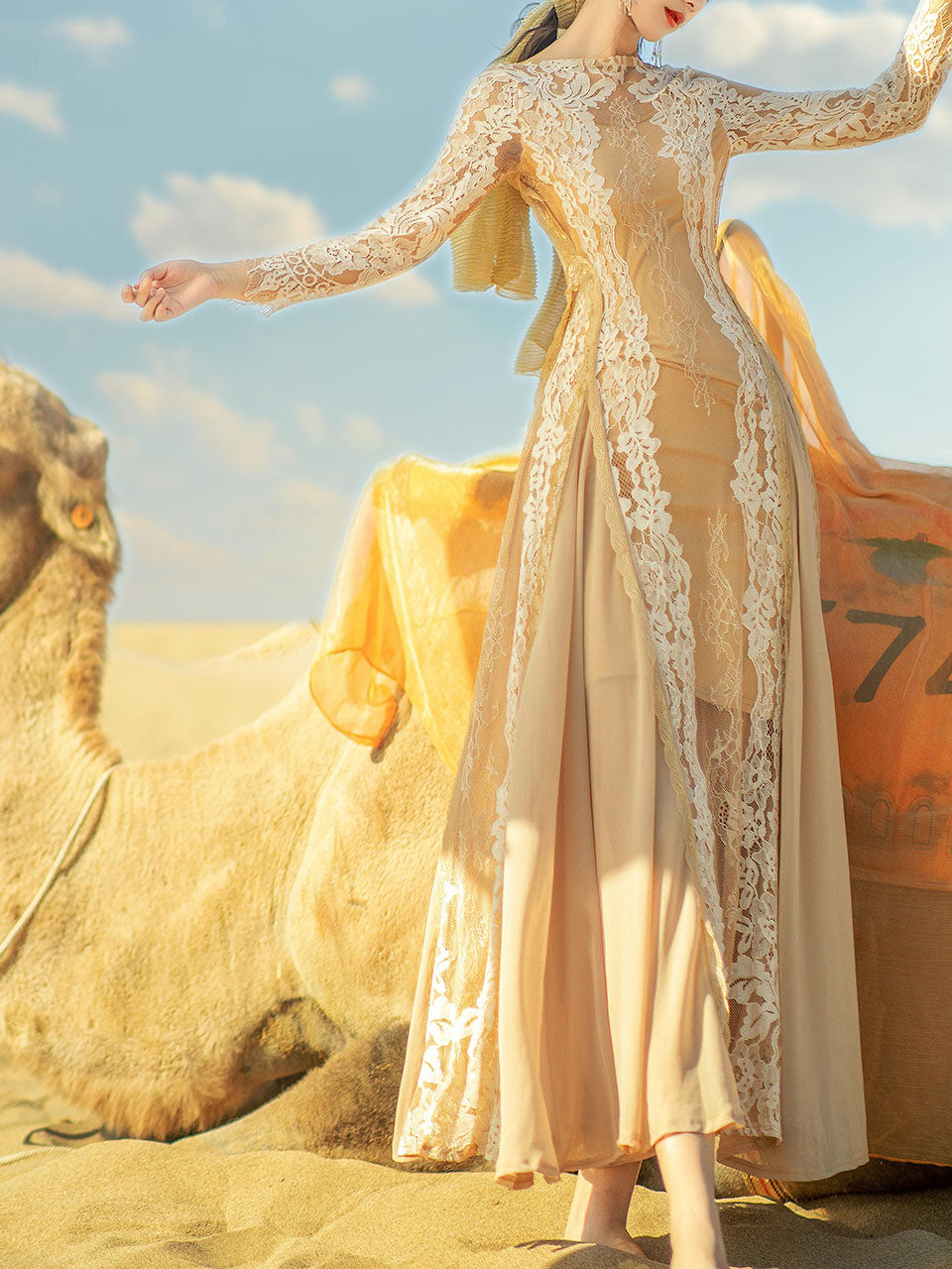 Apricot Boat Neck Lace Swing Dress