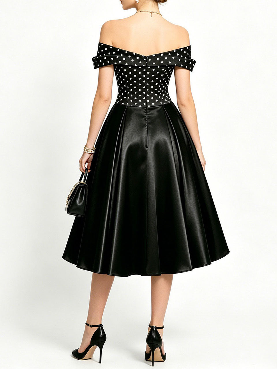 1950s Vintage Off Shoulder Polka Dot Swing Dress | Black and White Midi