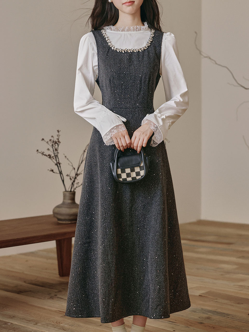 2PS Vintage White Top and Grey Sequin Lace Dress Set