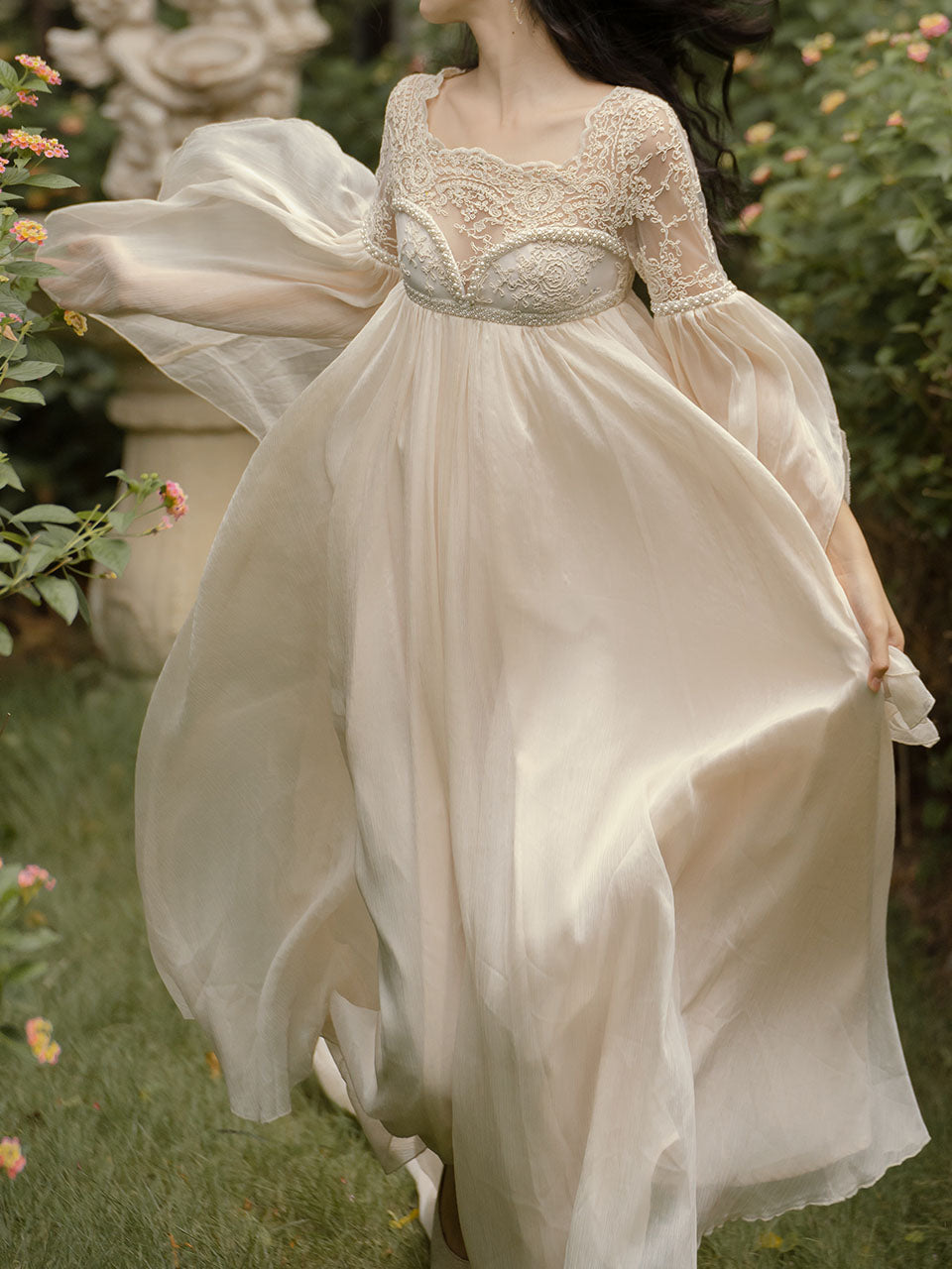 White Lace Lantern Sleeves Romantic Wedding Dress