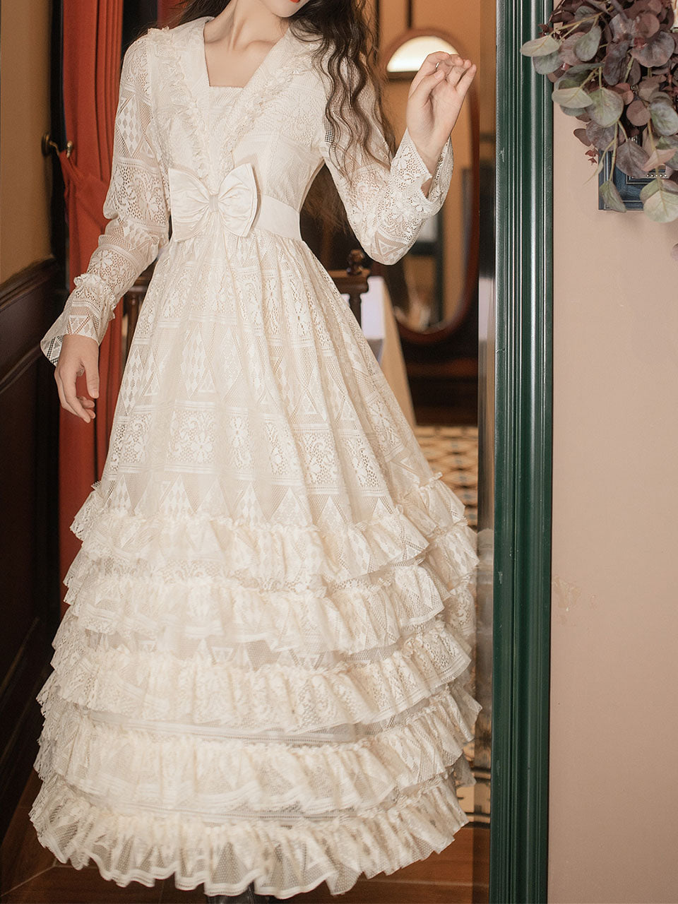 Apricot Square Collar Lace Swing Dress