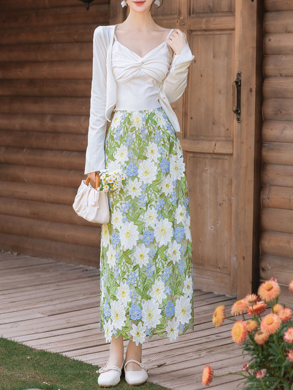 3PS White Spaghetti Strap 1950S Top and Green Lace Skirt Set