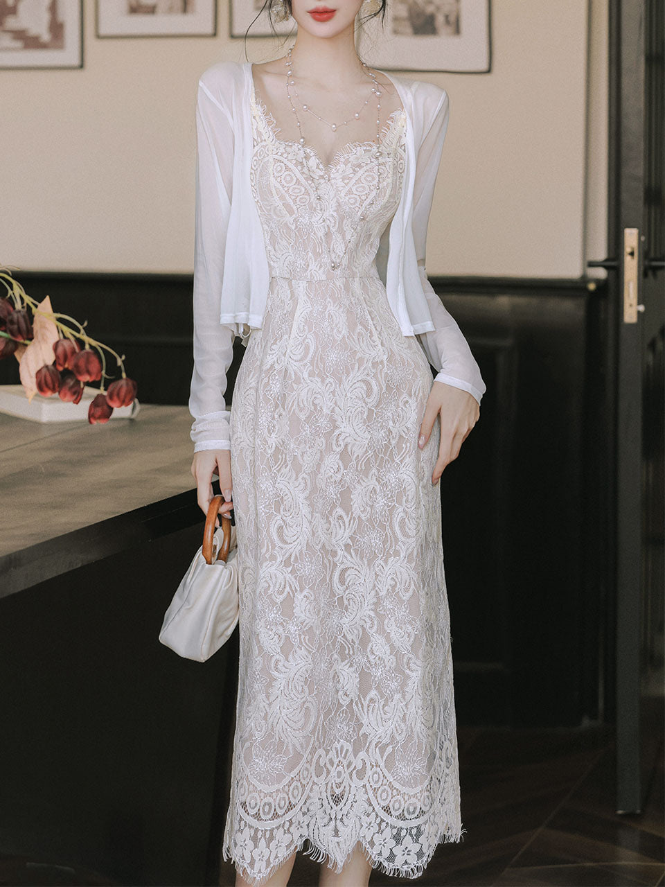 2PS White Lace Spaghetti Strap 1950S Vintage Dress