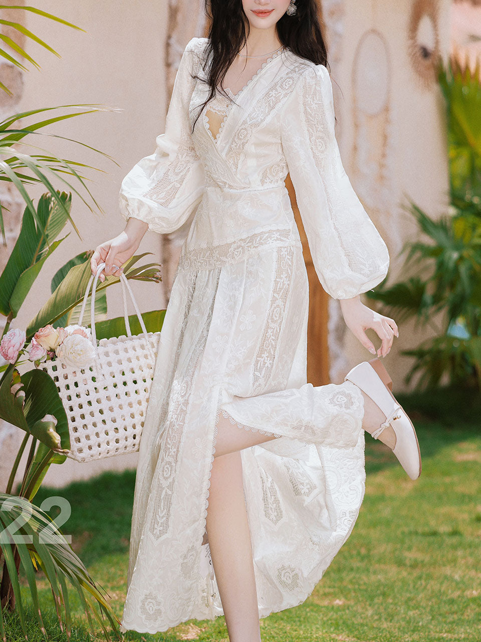 1950S White V Neck Lace Long Sleeve Swing Dress