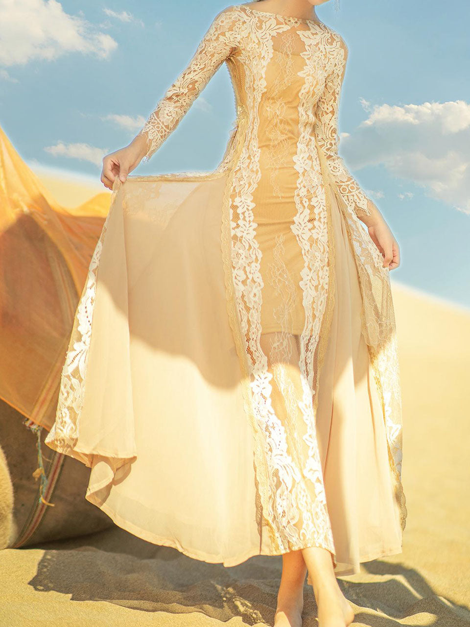 Apricot Boat Neck Lace Swing Dress