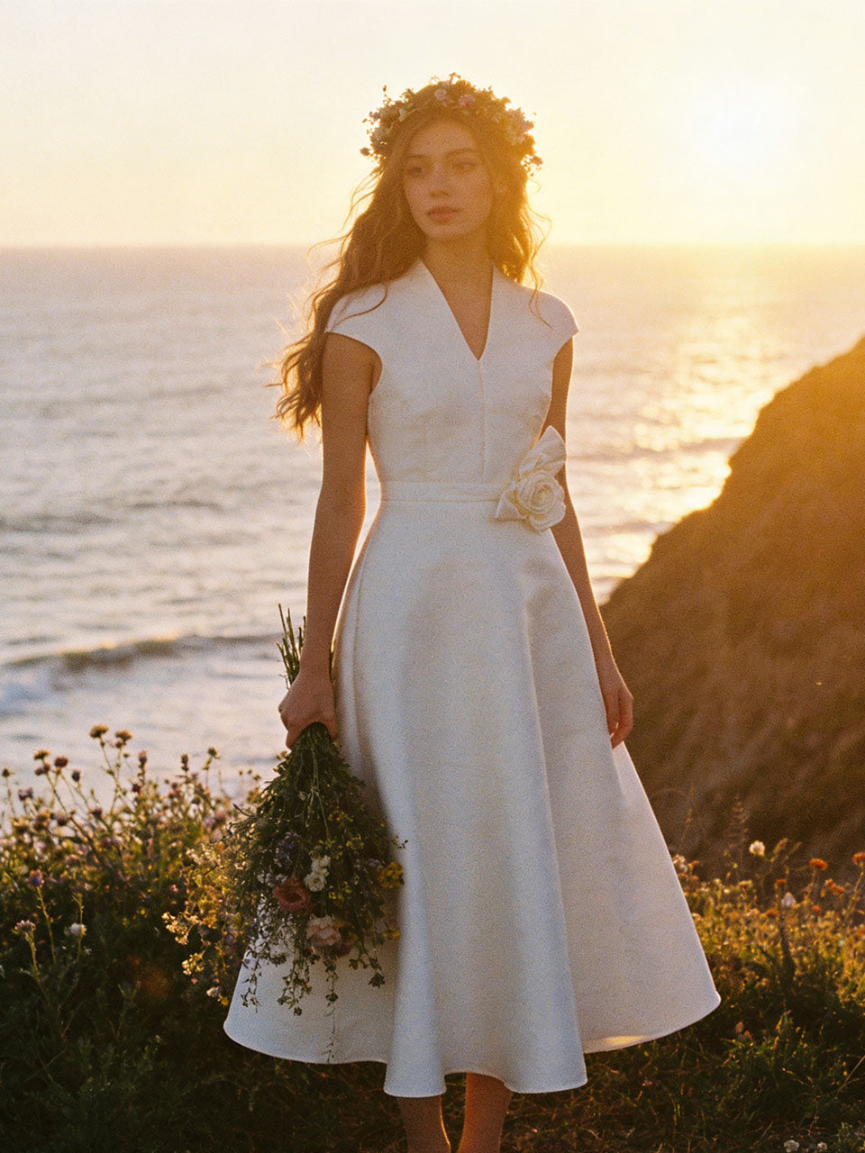 White Satin Cap Sleeve Dress for Wedding Midi Dress
