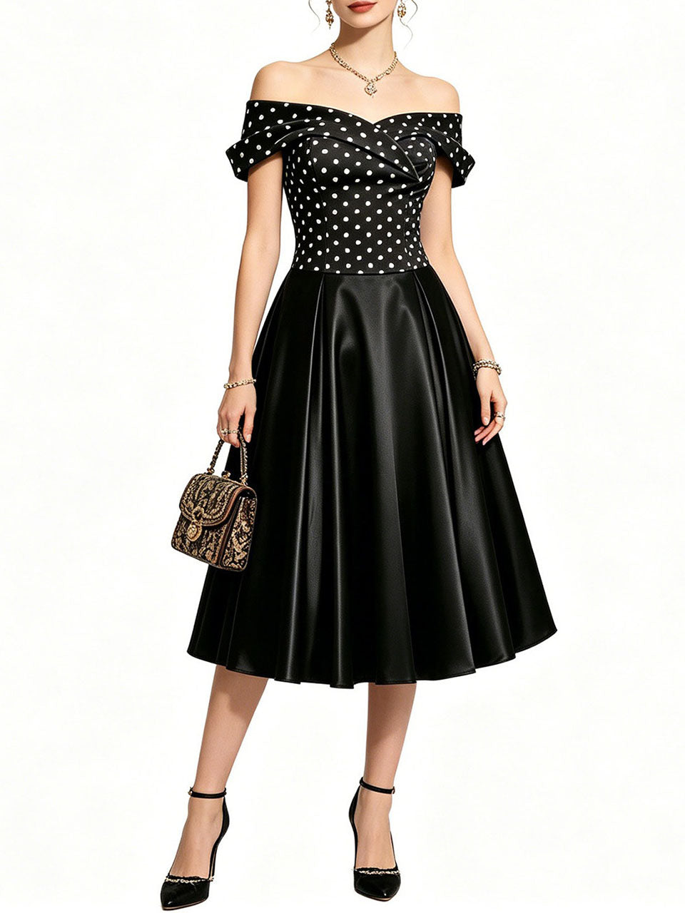1950s Vintage Off Shoulder Polka Dot Swing Dress | Black and White Midi