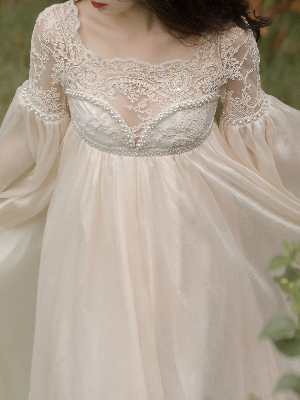 White Lace Lantern Sleeves Romantic Wedding Dress