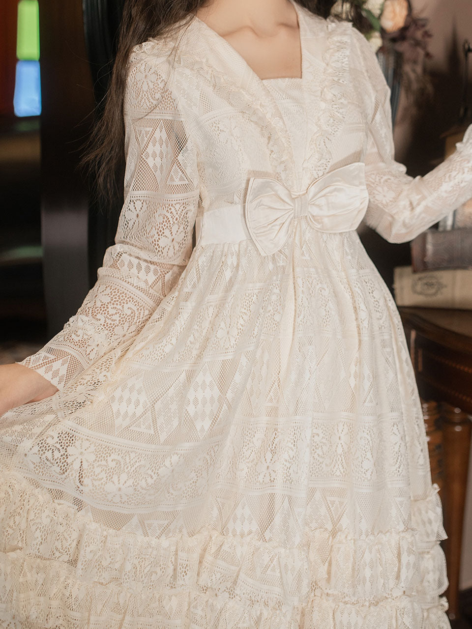 Apricot Square Collar Lace Swing Dress