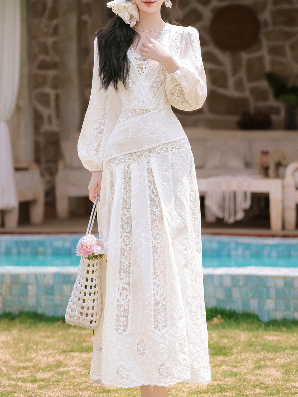 1950S White V Neck Lace Long Sleeve Swing Dress