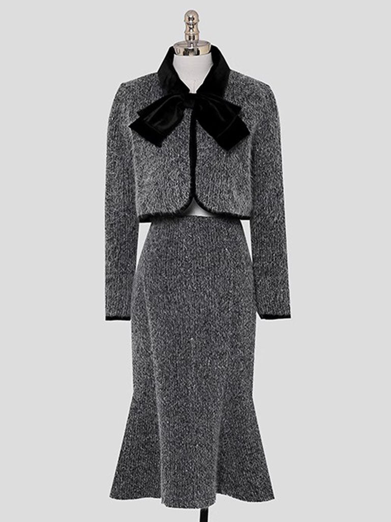 2PS Grey Bow Tweed Fabric Top And Fishtail Skirt Suit