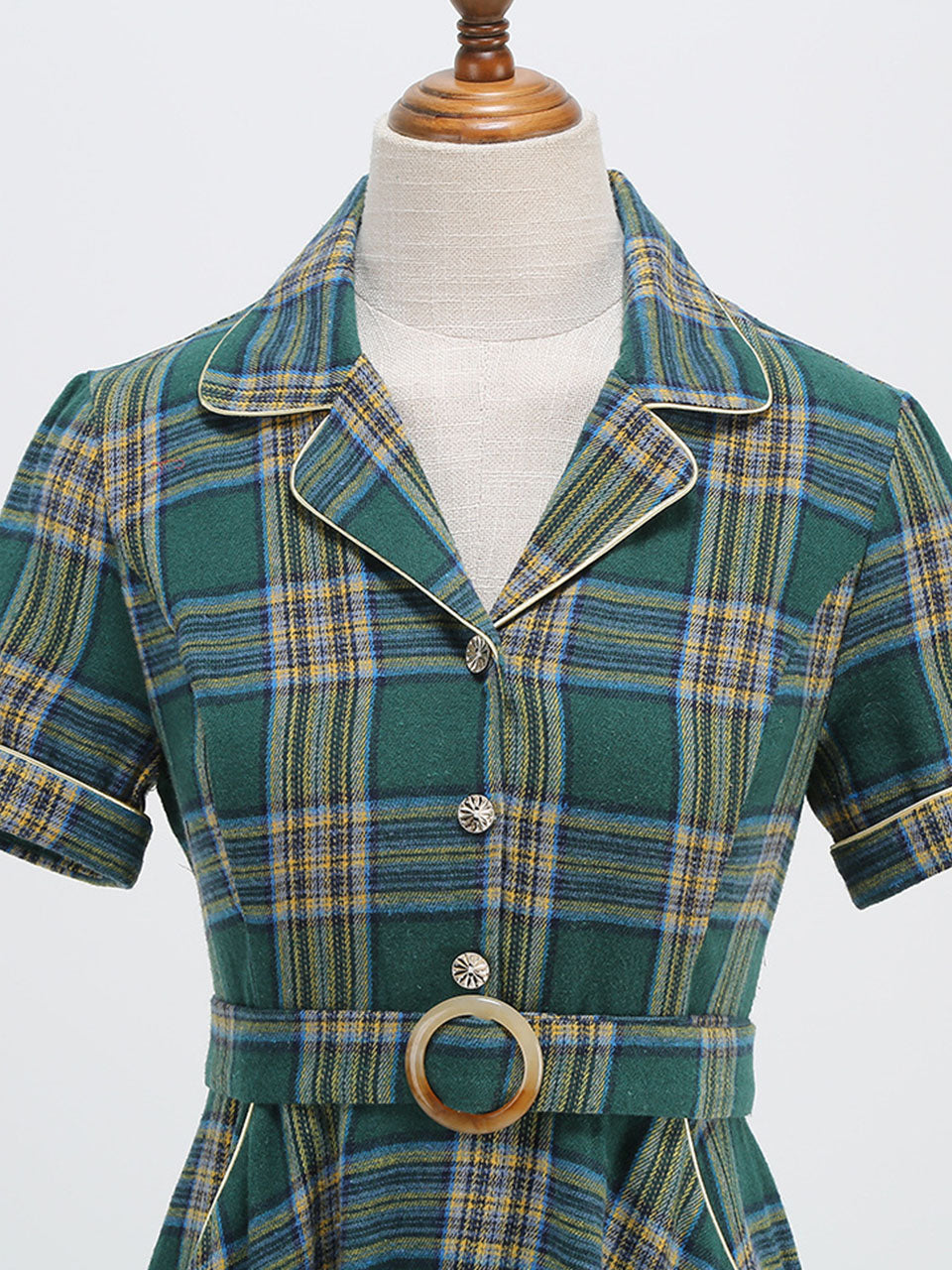 Green Plaid Turn Down Collar Short Sleeves 1950S VintageShirt Dress