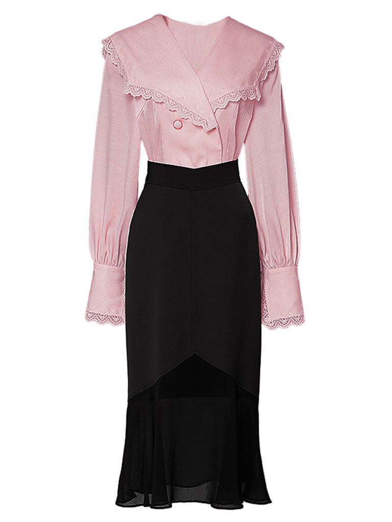 2PS Pink V Neck Navy Sweet Style Shirt And Black Mermaid Skirt Suit