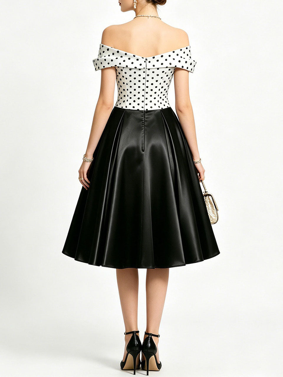 1950s Vintage Off Shoulder Polka Dot Swing Dress | Black and White Midi
