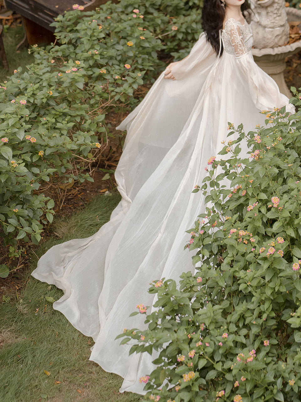 White Lace Lantern Sleeves Romantic Wedding Dress