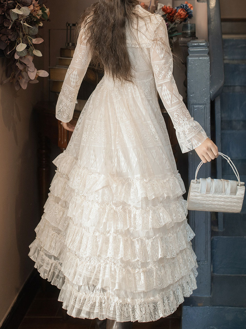 Apricot Square Collar Lace Swing Dress