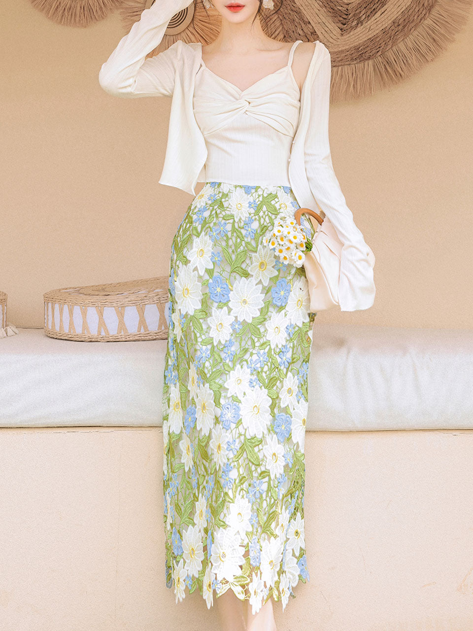 3PS White Spaghetti Strap 1950S Top and Green Lace Skirt Set