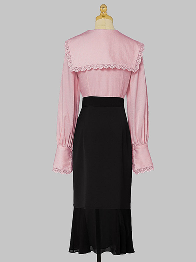 2PS Pink V Neck Navy Sweet Style Shirt And Black Mermaid Skirt Suit