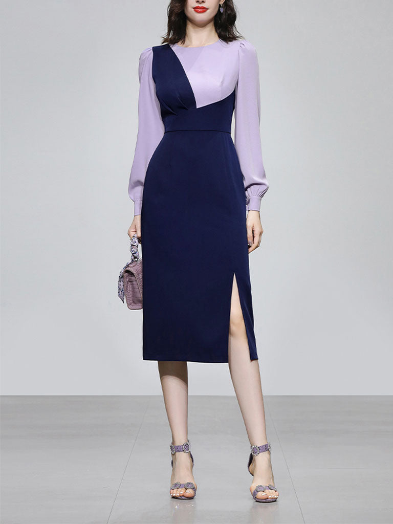 Lilac And Navy Lantern Sleeve Slit Dress Vintage 1940S Dress
