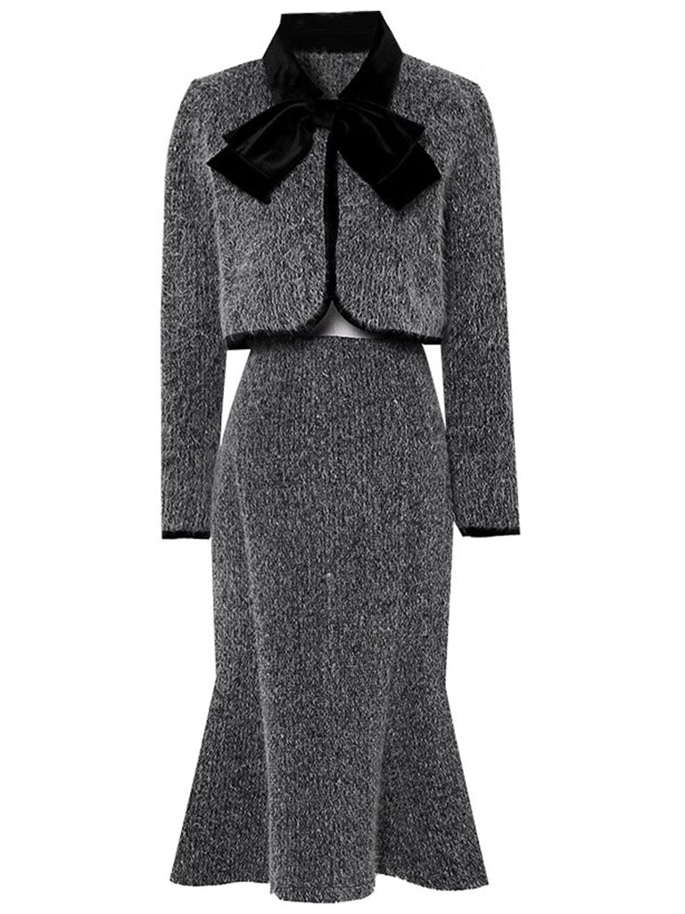 2PS Grey Bow Tweed Fabric Top And Fishtail Skirt Suit