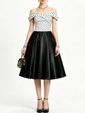 1950s Vintage Off Shoulder Polka Dot Swing Dress | Black and White Midi