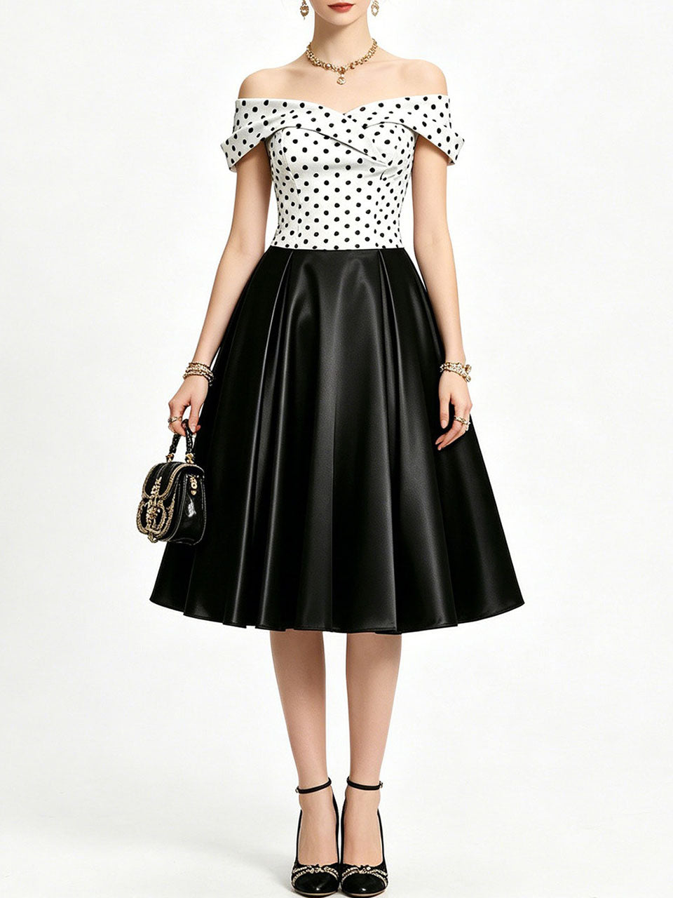 1950s Vintage Off Shoulder Polka Dot Swing Dress | Black and White Midi