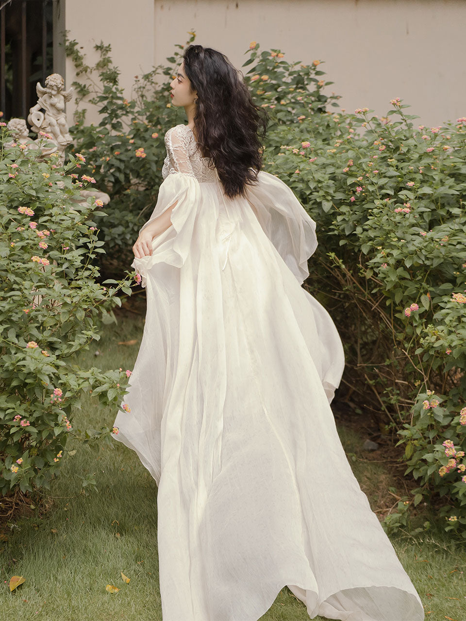 White Lace Lantern Sleeves Romantic Wedding Dress