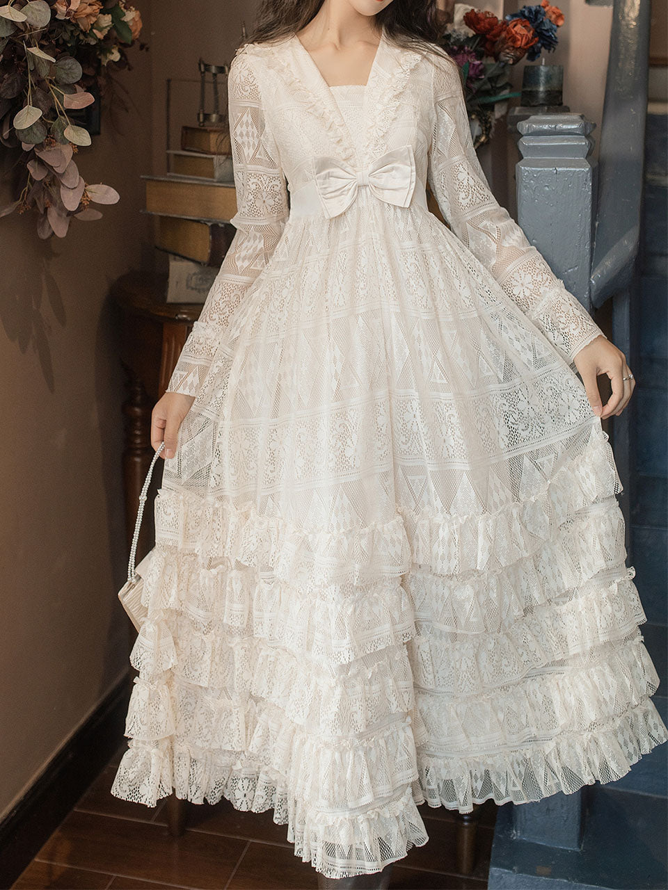 Apricot Square Collar Lace Swing Dress