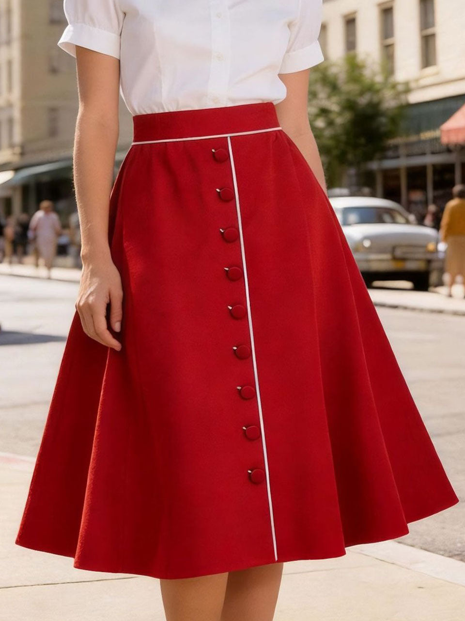 1950S Red Button High Waist Swing Vintage Skirt