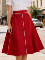 1950S Red Button High Waist Swing Vintage Skirt