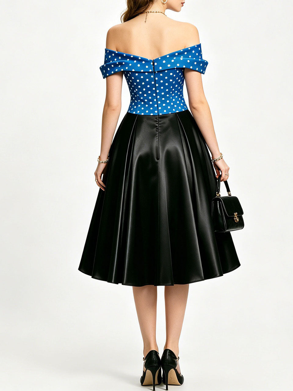 1950s Vintage Off Shoulder Polka Dot Swing Dress | Black and White Midi