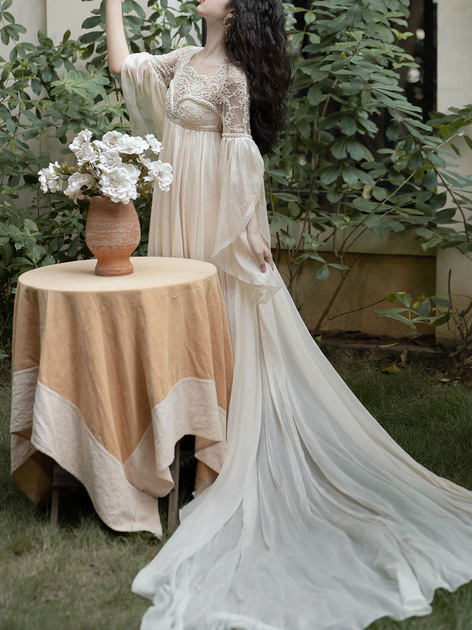 White Lace Lantern Sleeves Romantic Wedding Dress